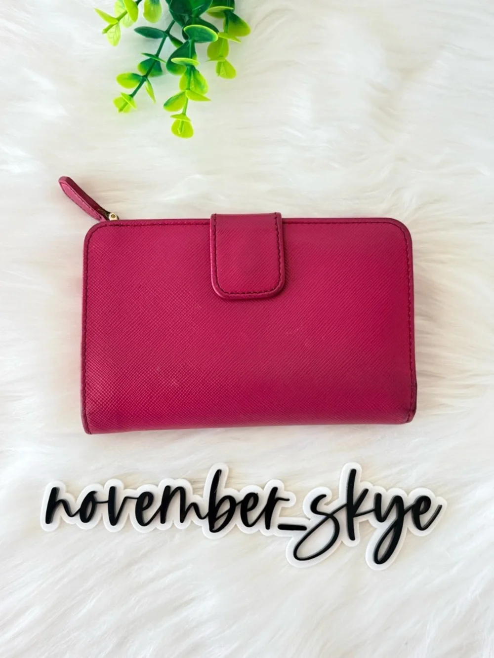 PRADA fuchsia Saffiano Leather Compact Wallet‎